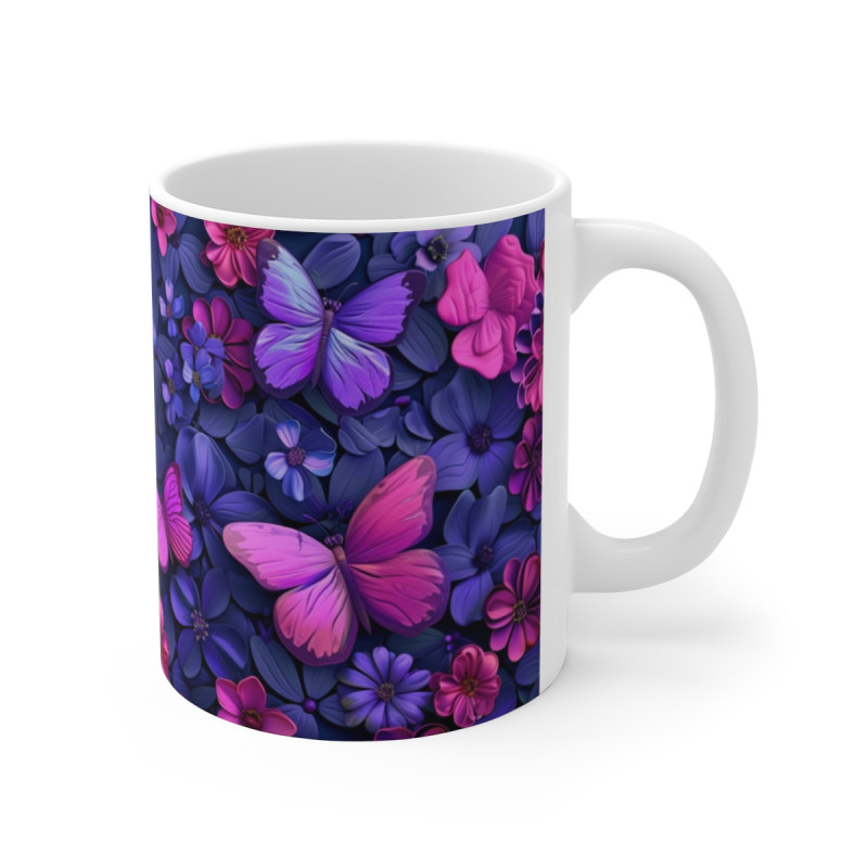 Tasse Papillons Fuchsia Violet Mug Fleurs Nocturnes Élégant Cadeau Femme Féérique Floral