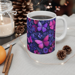 Tasse Papillons Fuchsia Violet Mug Fleurs Nocturnes Élégant Cadeau Femme Féérique Floral