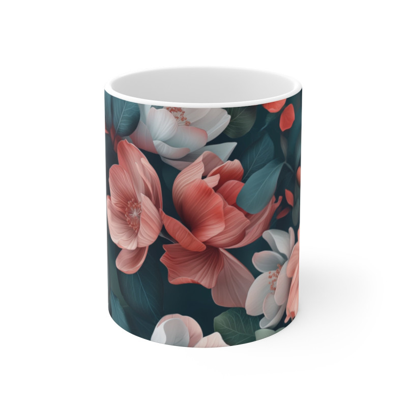 Tasse Fleurs Abstraites Roses et Blanches Design Élégant sur Fond Foncé Mug Chic & Nature Artistique