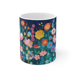 Tasse Art Fleurs Peintes Motif Gouache Coloré sur Fond Bleu Nuit Mug Design Floral Artistique Multicolore