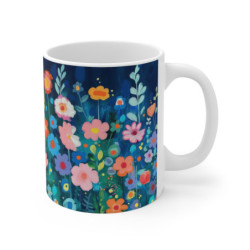 Tasse Art Fleurs Peintes Motif Gouache Coloré sur Fond Bleu Nuit Mug Design Floral Artistique Multicolore