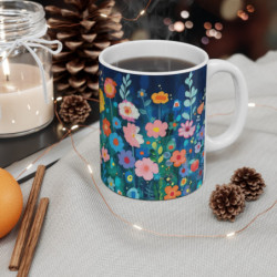 Tasse Art Fleurs Peintes Motif Gouache Coloré sur Fond Bleu Nuit Mug Design Floral Artistique Multicolore