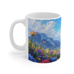 Tasse Paysage Montagne Fleurie Mug Nature Peinte avec Fleurs Sauvages Ciel Bleu et Sommets Alpins Cadeau Zen et Artistique