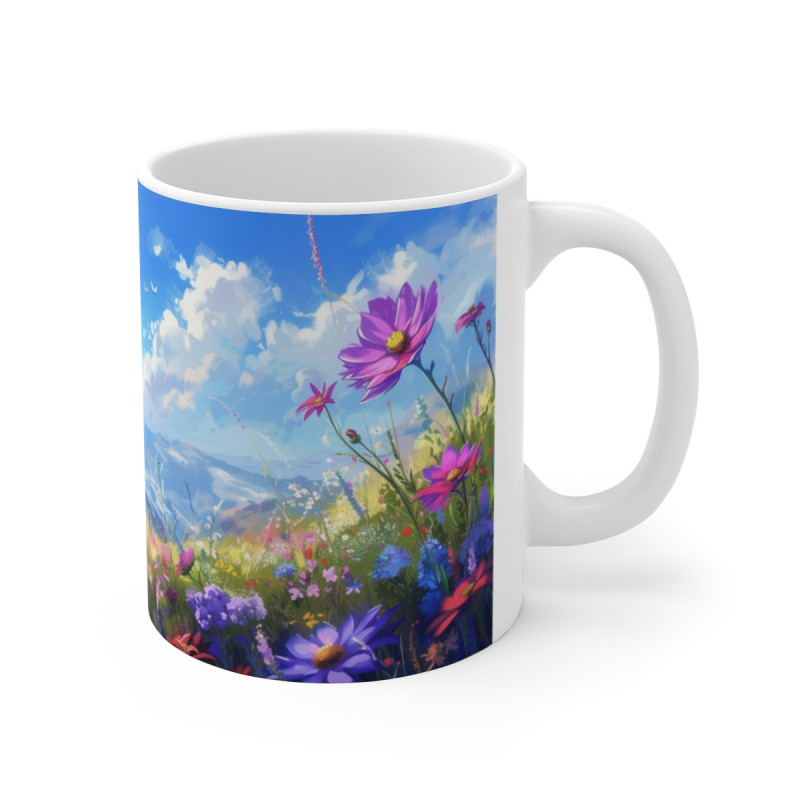 Tasse Paysage Montagne Fleurie Mug Nature Peinte avec Fleurs Sauvages Ciel Bleu et Sommets Alpins Cadeau Zen et Artistique