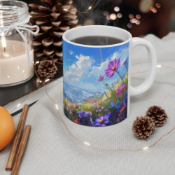 Tasse Paysage Montagne Fleurie Mug Nature Peinte avec Fleurs Sauvages Ciel Bleu et Sommets Alpins Cadeau Zen et Artistique