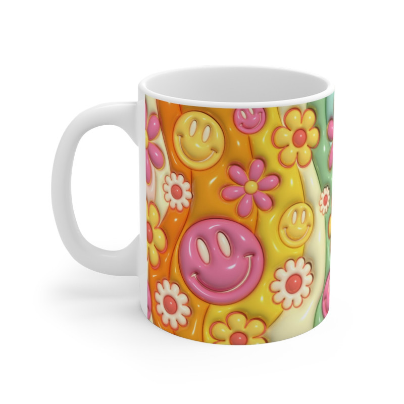 Tasse Smiley Fleurs Rétro – Mug Céramique 325ml Design Coloré Années 70 – Ambiance Positive, Cadeau Joyeux