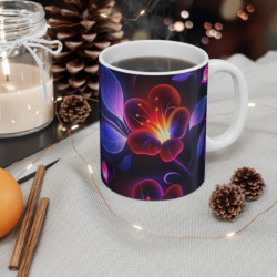 Tasse Fleur Néon Brillante Mug Céramique 325ml  Design Floral Électrique, Fleurs Futuristes Cadeau Élégant & Moderne