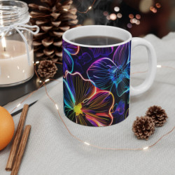 Tasse Design Fleurs Néon Motif Floral Élégant sur Fond Noir Cadeau Femme Original et Tendance