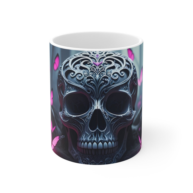 Tasse Crâne Gothique avec Papillons Roses  Mug Sombre Élégant  Design Baroque & Poétique  Idée Cadeau Décalée