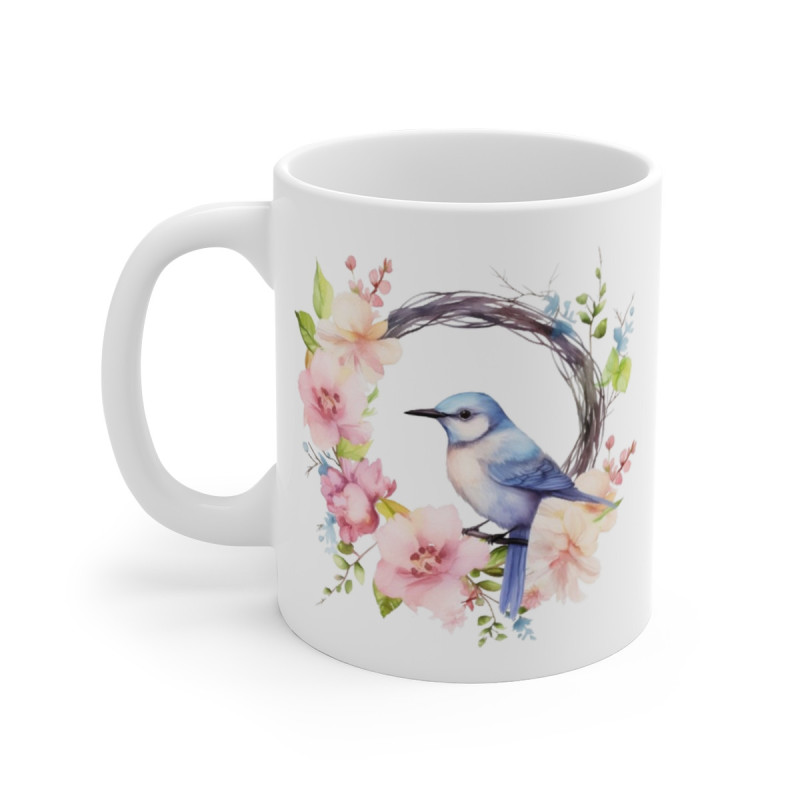 Mug Oiseau Bleu & Fleurs Aquarelle Tasse Nature Printanière Romantique  Idée Cadeau Poétique & Douce