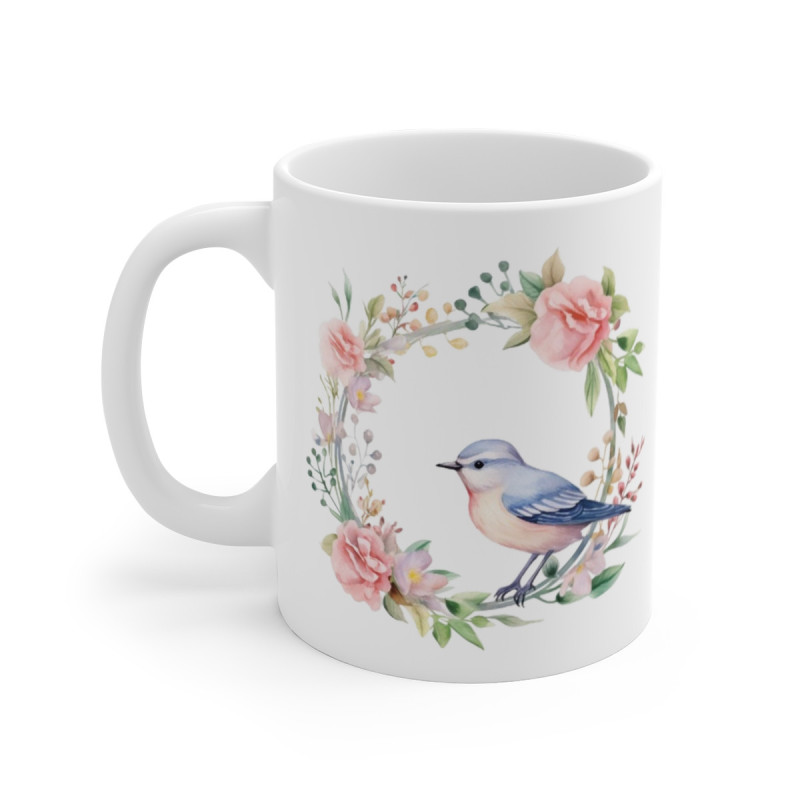 Mug Oiseau Aquarelle Fleurie Tasse Nature Poétique avec Fleurs Roses Cadeau Charmant pour Femme Amatrice de Douceur