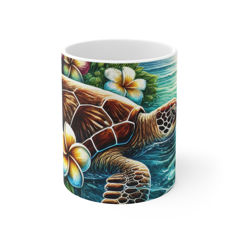 Mug Tortue de Mer Exotique  Tasse Plage Tropicale avec Fleurs Hawaïennes Cadeau Nature Océan & Relaxation