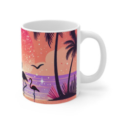 Mug Flamants Roses Tropical Sunset  Illustration Rétro Bord de Mer  Tasse Vacances, Été & Palmiers Idée Cadeau Colorée
