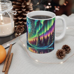 Mug Loup Hurlant Aurores Boréales Illustration Spirituelle Forêt & Lune Pleine  Coloré Cadeau Nature & Loup