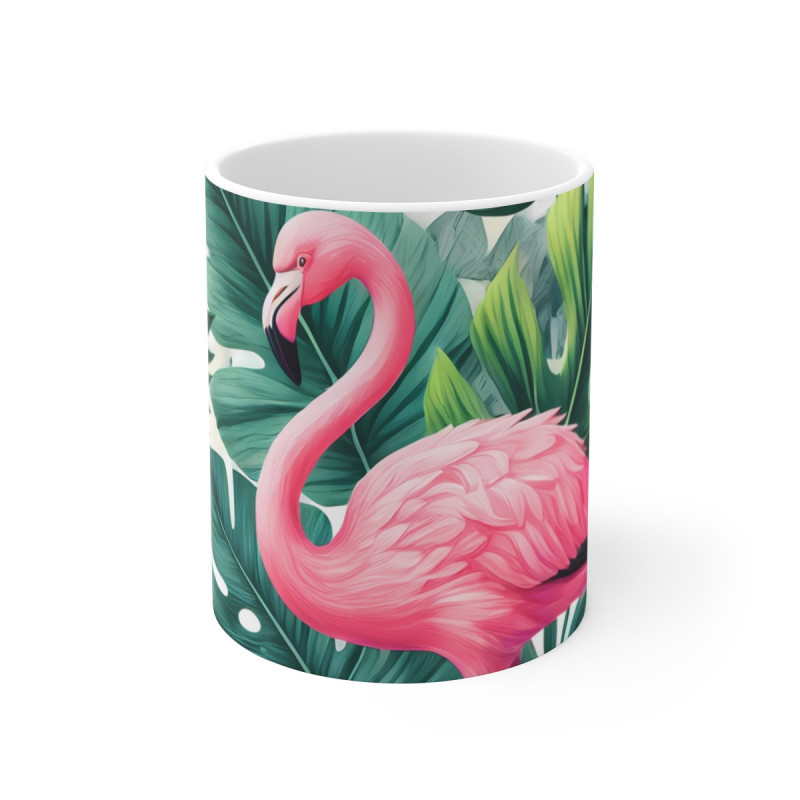 Mug Flamant Rose Tropical Design Exotique avec Feuilles Vertes Tasse Colorée Jungle et Nature  Cadeau Été, Plage, Voyage