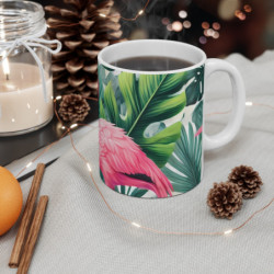 Mug Flamant Rose Tropical Design Exotique avec Feuilles Vertes Tasse Colorée Jungle et Nature  Cadeau Été, Plage, Voyage