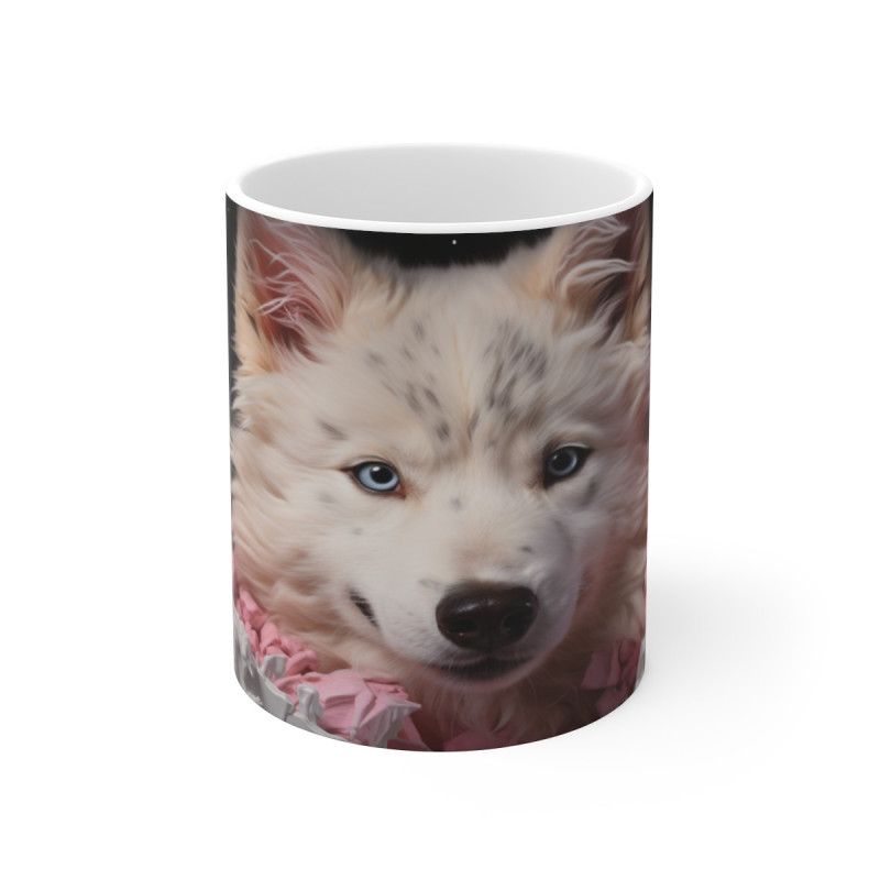 Mug Chien Blanc Fantaisie Tasse Husky Fluffy Guimauve & Crème Art Animalier Gourmand, Cadeau Original Chiot Doux & Surréaliste