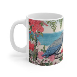 Mug Perroquet Tropical  Deux Oiseaux Exotiques sur Plage Fleurie  Illustration Colorée Bord de Mer, Cadeau Été, Déco Jungle