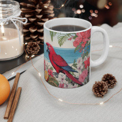 Mug Perroquet Tropical  Deux Oiseaux Exotiques sur Plage Fleurie  Illustration Colorée Bord de Mer, Cadeau Été, Déco Jungle