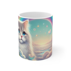 Mug Chat Arc-en-Ciel Féérique  Tasse Fantaisie avec Ciel de Rêve & Fleurs Roses Cadeau Mignon et Poétique pour Femme