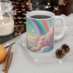 Mug Chat Arc-en-Ciel Féérique  Tasse Fantaisie avec Ciel de Rêve & Fleurs Roses Cadeau Mignon et Poétique pour Femme