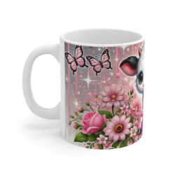 Mug Vache Trop Mignonne  Fleurs Roses, Papillons et Paillettes Cadeau Doux et Girly pour Amoureux des Animaux