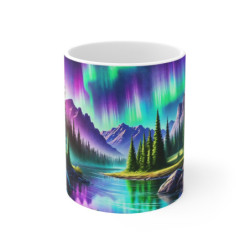 Mug Aurores Boréales Forêt de Sapins et Montagnes au Coucher du Soleil  Tasse Nature pour Amoureux des Paysages