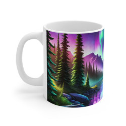 Mug Aurores Boréales Forêt de Sapins et Montagnes au Coucher du Soleil  Tasse Nature pour Amoureux des Paysages