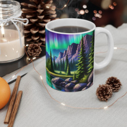 Mug Aurores Boréales Forêt de Sapins et Montagnes au Coucher du Soleil  Tasse Nature pour Amoureux des Paysages