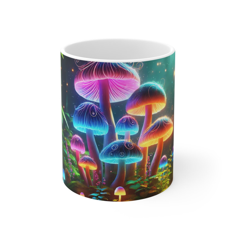 Mug Champignons Lumineux Forêt Magique Art Fantastique Fluorescent, Scène Enchantée Colorée Cadeau Nature
