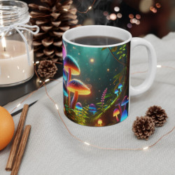 Mug Champignons Lumineux Forêt Magique Art Fantastique Fluorescent, Scène Enchantée Colorée Cadeau Nature