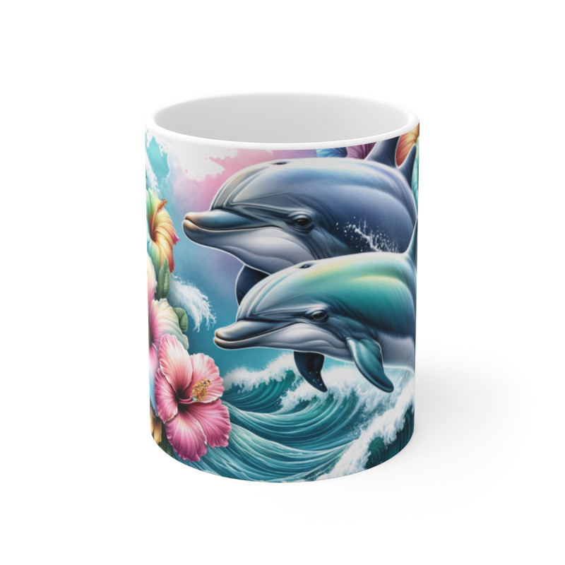 Mug Dauphins & Fleurs Tropicales  Art Océanique avec Hibiscus Colorés Cadeau Nature, Été, Bord de Mer