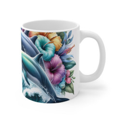Mug Dauphins & Fleurs Tropicales  Art Océanique avec Hibiscus Colorés Cadeau Nature, Été, Bord de Mer