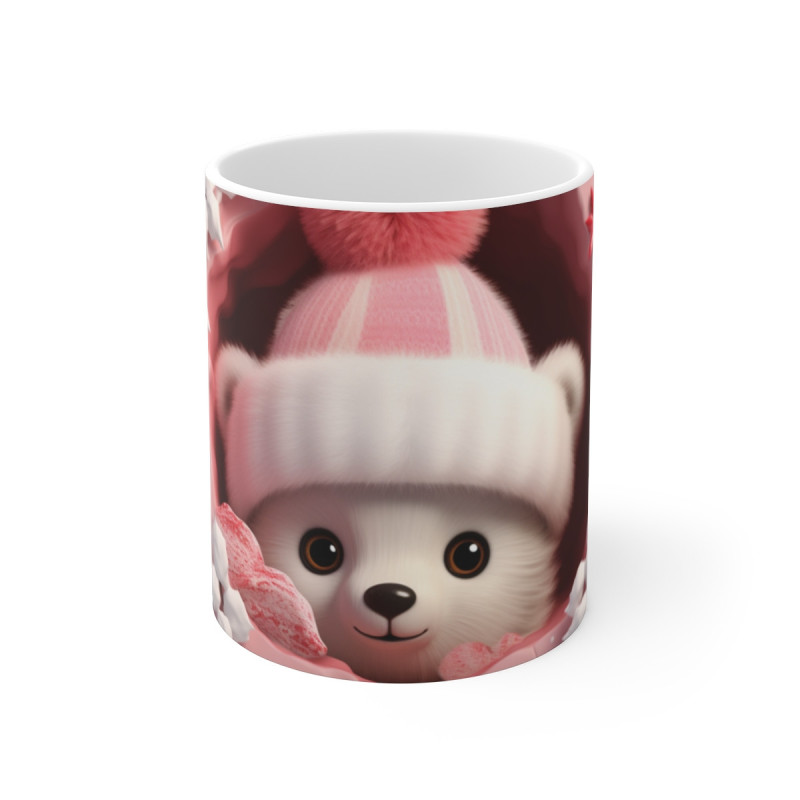 Mug Ours Polaire Mignon  Illustration Hivernale avec Bonnet Rose et Décor Neigeux Cadeau Cocooning et Tendre