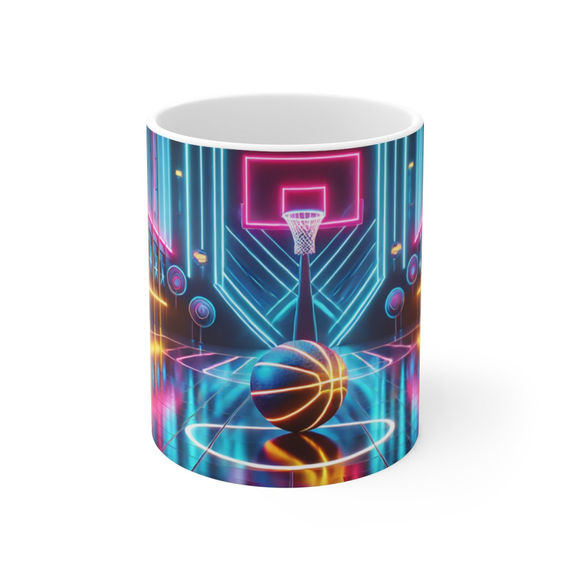 Mug Basketball Néon Futuriste Ballon & Panier Brillants  Cadeau Sportif Gamer