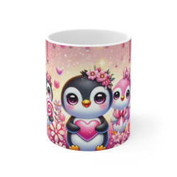 Mug Pingouins Kawaii avec Cœurs & Bonbons Cadeau Mignon Saint-Valentin Rose Pastel & Style Chibi