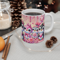 Mug Pingouins Kawaii avec Cœurs & Bonbons Cadeau Mignon Saint-Valentin Rose Pastel & Style Chibi