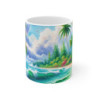 Mug Plage Tropicale  Voilier, Palmiers & Océan Émeraude Illustration Paradisiaque Fleurie Cadeau Vacances, Été, Détente
