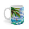 Mug Plage Tropicale  Voilier, Palmiers & Océan Émeraude Illustration Paradisiaque Fleurie Cadeau Vacances, Été, Détente