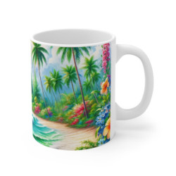 Mug Plage Tropicale  Voilier, Palmiers & Océan Émeraude Illustration Paradisiaque Fleurie Cadeau Vacances, Été, Détente