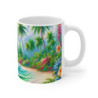 Mug Plage Tropicale  Voilier, Palmiers & Océan Émeraude Illustration Paradisiaque Fleurie Cadeau Vacances, Été, Détente