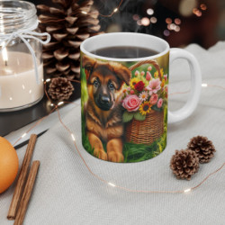 Mug Chiots et Fleurs  Chiens Mignons avec Panier Fleuri  Tasse Adorable Cadeau Animalier