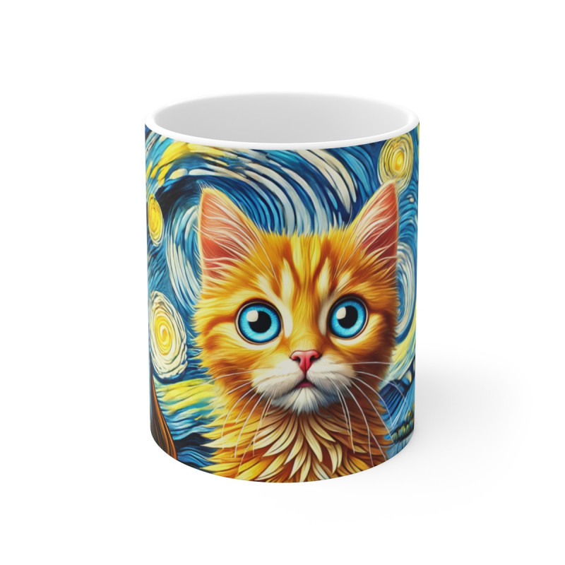 Mug Chat Roux Art Nuit Étoilée Tasse Chat aux Yeux Bleus Style Van Gogh Cadeau Artistique & Fantaisie