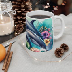 Mug Dauphins et Fleurs Tropicales Tasse Océan Éclatant avec Animaux Marins et Bouquet Exotique