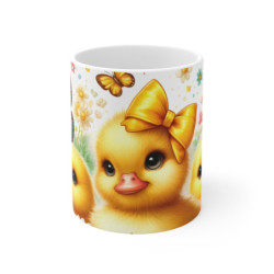 Mug Canetons avec Noeuds et Papillons Tasse Printanière  Jaune & Rose pour Enfants et Amoureux des Animaux
