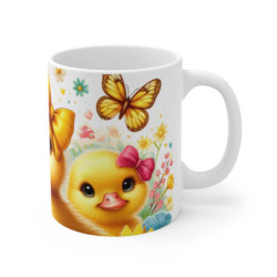 Mug Canetons avec Noeuds et Papillons Tasse Printanière  Jaune & Rose pour Enfants et Amoureux des Animaux