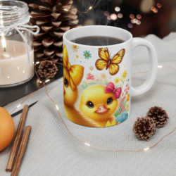 Mug Canetons avec Noeuds et Papillons Tasse Printanière  Jaune & Rose pour Enfants et Amoureux des Animaux