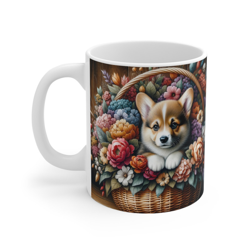 Mug Chiot Corgi Adorable  Tasse Fleurie Rustique avec Chien dans Panier, Idée Cadeau Amoureux des Chiens