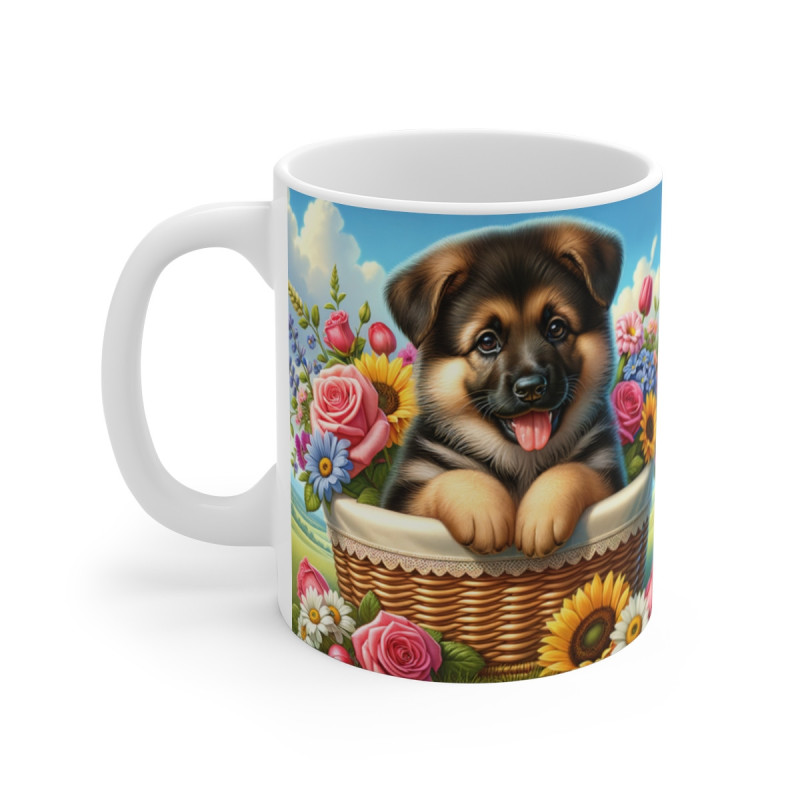 Mug Chiot Berger Allemand Adorable Tasse Fleurie Chien dans Panier en Plein Air, Idée Cadeau Nature & Animaux