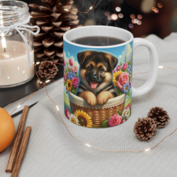 Mug Chiot Berger Allemand Adorable Tasse Fleurie Chien dans Panier en Plein Air, Idée Cadeau Nature & Animaux